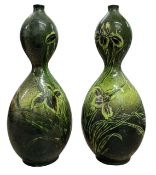 ENGLISH STUDIO ART POTTERY - PAIR OF EARLY 20TH CENTURY DOUBLE GOURD FLORAL VASES