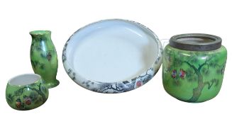 WILKINSON, ROYAL STAFFORDSHIRE POTTERY - FOUR GREEN & WHITE GROUND CHINESE LANTERN VASES