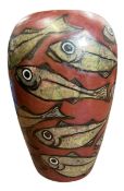 ZDENKA RALPH (EX POOLE POTTERY) - HAND PAINTED CERAMIC WITH LUSTRE DETAILS FISH VASE