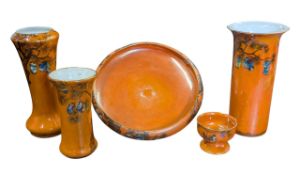 WILKINSON, ROYAL STAFFORDSHIRE POTTERY - FIVE CHINESE LANTERN ORANGE LUSTRE VASES