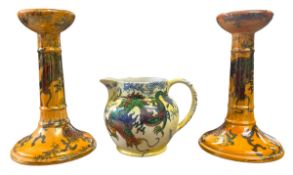 BURSLEY WARE BY FREDERICK RHEAD - CIRCA 1920S DRAGON LASTER WARE CANDLESTICKS & JUG
