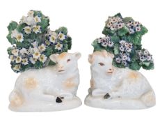 PAIR OF 18TH CENTURY STAFFORDSHIRE PORCELAIN SHEEP / RAM FIGURINES