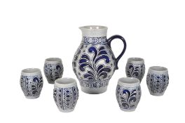 WEST GERMAN MID CENTURY CERAMIC JUG W/ SIX CUPS