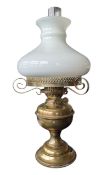 20TH CENTURY BRASS OIL LAMP WITH OPAQUE GLASS SHADE AND CHIMNEY