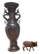 20TH CENTURY BRONZE INDIAN COW W/ 19TH CENTURY CHINESE BRONZE VASE