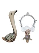 VINTAGE 20TH CENTURY END OF DAY GLASS POSY BASKET AND SWAN FIGURE