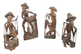 COLLECTION OF 20TH CENTURY BALINES CARVED FISHERMAN FIGURINES