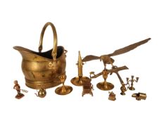 20TH CENTURY BRASS BIRD OF PREY, CANDLE STICKS & HANDLED COAL BUCKET
