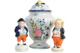 19TH CENTURY STAFFORDSHIRE TOBY SHAKERS AND A DELFT FAIENCE JAR