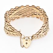 HALLMARKED 9CT GOLD GATELINK HEART PADLOCK BRACELET