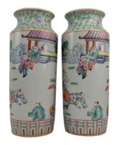 PAIR OF MID CENTURY CHINESE FAMILLE ROSE PORCELAIN SLEEVE VASES