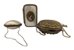 19TH CENTURY MOTHER OF PEARL CASE & PURSE T/W BRASS PURSE
