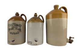 THREE VINTAGE LARGE TWO TONE STONEWARE FLAGONS WITH HANDLES