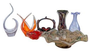 SEVEN ITALIAN MURANO 20TH CENTURY HAND BLOWN GLASS BASKET & MOTTLED VASES