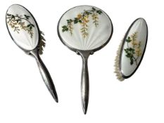 SET OF VINTAGE RETRO 3PC GUILLOCHE ENAMEL VANITY DRESSING TABLE SET