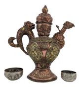 20TH CENTURY LARGE TIBETAN COPPER & BRASS RITUAL TEAPOT AND COVER