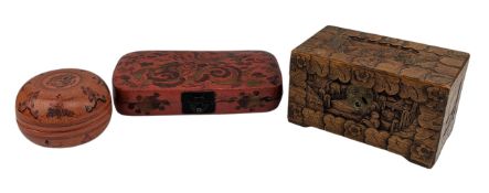 20TH CENTURY CHINESE WOODEN CHEST BOX & TWO LACQUERED BOXES