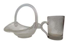 TWO CONTINENTAL & ENGLISH 19TH CENTURY HAND BLOWN GLASS MUG AND BASKET