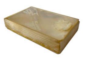 19TH CENTURY MOTHER OF PEARL SNUFF BOX WITH CARVED SHELL THRUMBPIECE 19th c