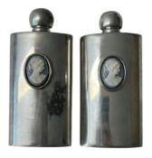 SHEFFIELD PEWTER - TWO LADIES PEWTER HIP FLASKS WITH CAMEO DETAILS