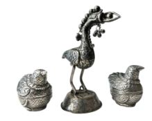 A 19TH CENTURY FIGURE OF A BIRD & A PAIR OF SILVER PLATED BOXED IN FORM OF A CHICKEN
