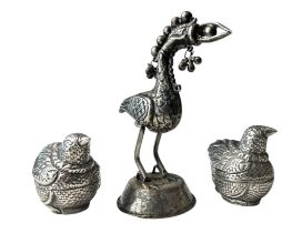 A 19TH CENTURY FIGURE OF A BIRD & A PAIR OF SILVER PLATED BOXED IN FORM OF A CHICKEN