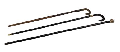 COLLECTION OF THREE WOODEN WALKING STICKS INCLUDING TWO WITH SILVER TRIM