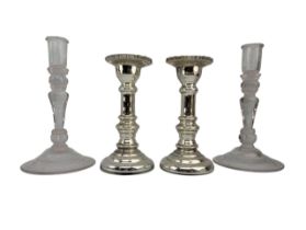 TWO PAIRS OF LATE 18TH CENTURY HAND BLOWN GLASS CANDLESTICKS