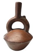 PERUVIAN MOCHE STYLE TERRACOTTA STIRRUP SPOUT BOTTLE
