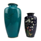 TWO 20TH CENTURY JAPANESE CLOISONNE VASES INCLDUING GREEN VASE BY TAMURA