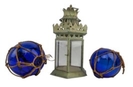 TWO VINTAGE HAND BLOWN BLUE GLASS FISHING FLOATS & A LANTERN