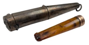 20TH CENTURY AMBER CHERROOT HOLDER IN HALLMARKED SILVER MATCH STRIKER CASE