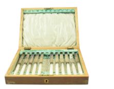 CASED VICTORIAN HALLMARKED SILVER & MOP HANDLED KNIVES SET & METAL PHEASANT