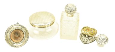 VICTORIAN HALLMARKED SILVER PIN CUSHION & SILVER & GLASS VANITY ITEMS