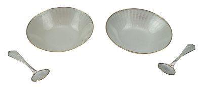 PAIR OF NORWEGIAN 925 STERLING SILVER & GUILLOCHE ENAMEL DISH & SPOONS