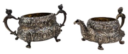 GEORGE III HALLMARKED SILVER REPOUSSE SUGAR BOWL & CREAMER JUG