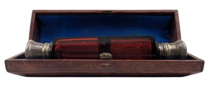 CASED VICTORIAN DOUBLE ENDED SILVER & GLASS PERFUME BOTTLE PHIAL