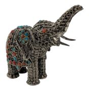 INDIAN SILVER FILIGREE FIGURE OF AN ELEPHANT DECORATED WITH TURQUOISE