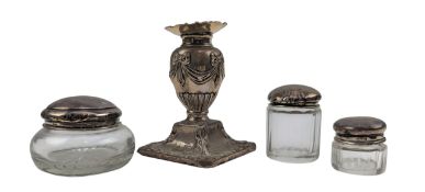 EDWARD VII HALLMARKED SILVER CANDLESTICK & THREE SILVER & GLASS POTS