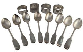 SET OF 8 VICTORIAN HALLMARKED SILVER SPOONS & 4 SILVER NAPKIN RINGS