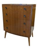 1950S POST WAR ART DECO - MID CENTURY WALNUT VENEER BOW FRONT CHEST OF DRAWERS
