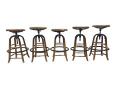 SET OF INDUSTRIAL CAST METAL & ELM WOOD SWIVEL BAR STOOLS