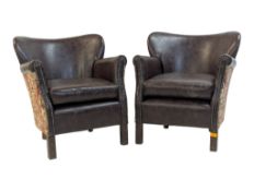 PAIR OF CONTEMPORARY STUDDED LEATHER & TAPESTRY UPHOLSTERED CLUB ARMCHAIRS