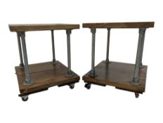 MODERN DESIGN - PAIR OF PLANKED WOOD & METAL INDUSTRIAL STYLE BEDSIDE TABLES ON CASTORS