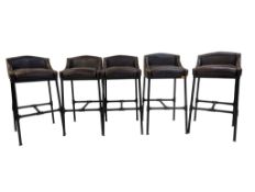 SET OF INDUSTRIAL CAST METAL & TWO TONE LEATHER BAR STOOLS