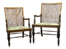 VICTORIAN ARTS & CRAFTS PAIR OF MAHOGANY STICK BACK ARMCHAIRS