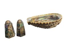 20TH CENTURY ART DECO ABALONE CRUET SET & A PAUA SHELL