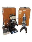 TWO WOODEN CASED 20TH CENTURY VINTAGE MICROSCOPES