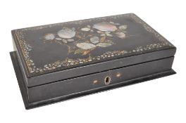 20TH CENTURY LAQUEURED PLAYING CARD'S BOX WITH MOTHER OF PEARL INLAY