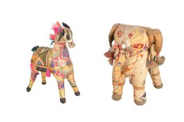 TWO 20TH CENTURY VINTAGE RAJASTHAN INDIAN FABRIC EMBROIDERED ANIMAL FIGURES